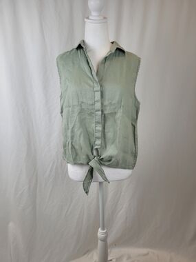 Anthropologie Sage Green Sleeveless Button-Down Tie Front Top in Linen